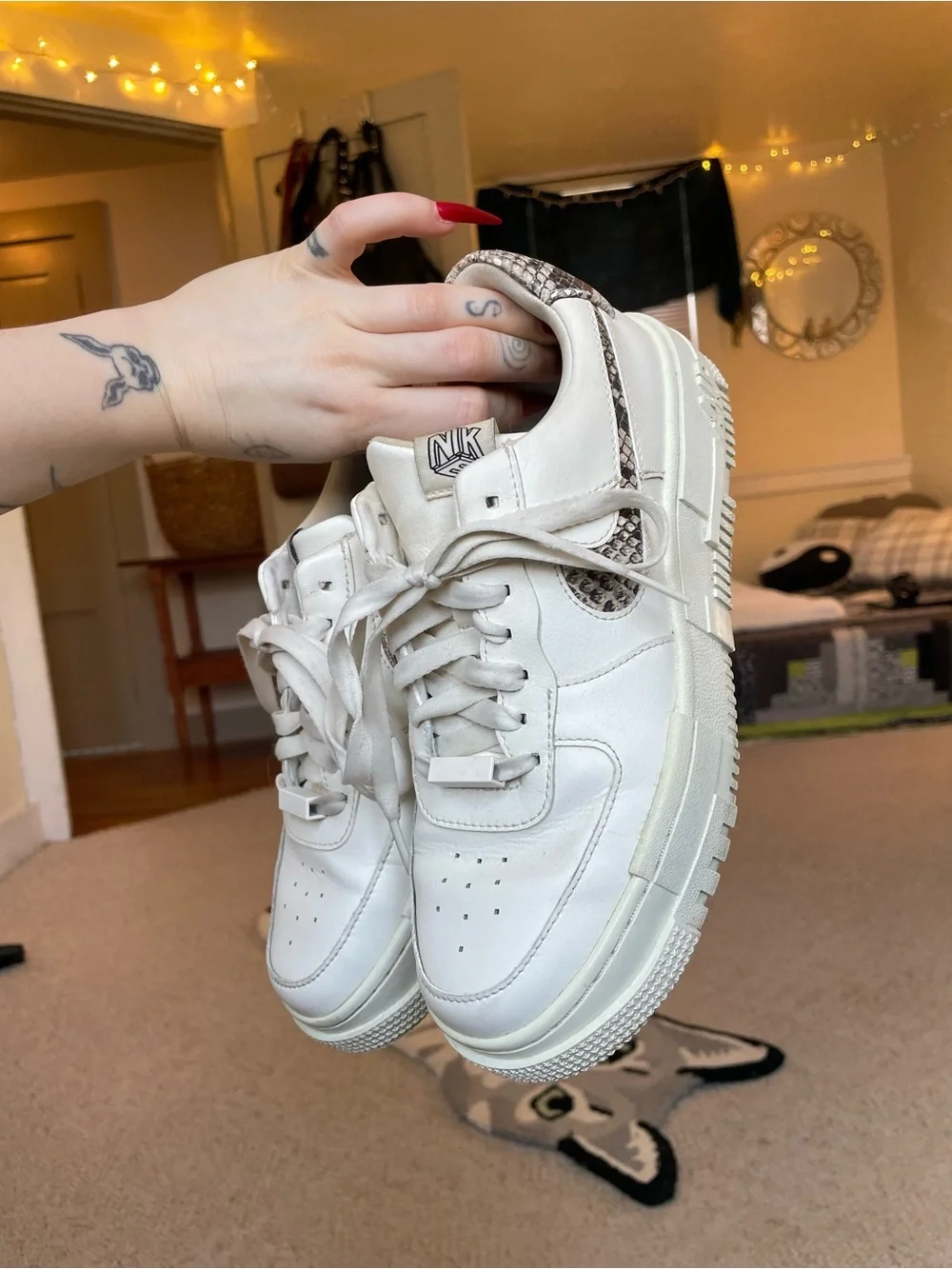 Nike AF1 White Platform Sneakers with Snake-Print Swoosh Everyday Staple Trendy - Picture 6 of 14